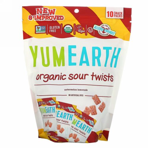 YumEarth, オーガニックサワーツイスト、スイカレモネード、スナックパック10袋、各0.7 oz (19.8 g)