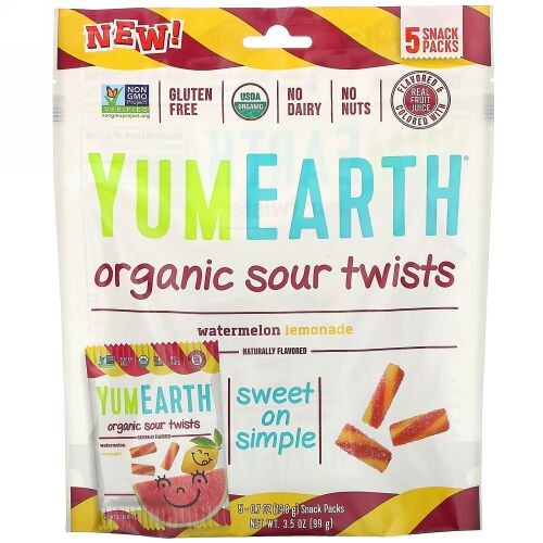 YumEarth, オーガニックサワーツイスト、スイカレモネード、スナックパック5袋、各0.7 oz (19.8 g)