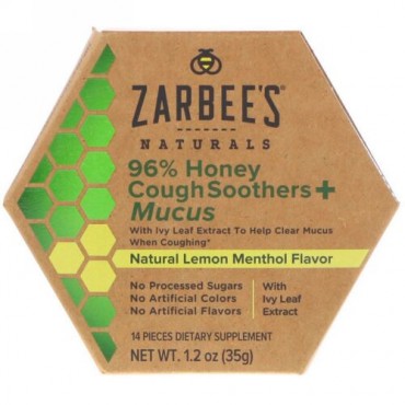 Zarbee's, 96% Honey Cough Soothers + Mucus, Natural Lemon Menthol Flavor, 14 Pieces (Discontinued Item)