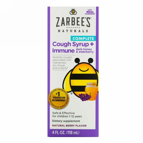 Zarbee's, Children's Complete, Cough Syrup + Immune, Dark Honey & Elderberry, Non-alcohol Formula, Natural Berry Flavor, 4 fl oz (118 ml)