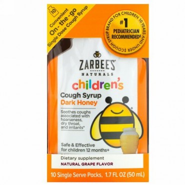 Zarbee's, Children's Cough Syrup, Dark Honey, On-the-Go, For Children 12 Months+, Natural Grape Flavor, 10 Single Serve Packs, 1.7 fl oz (50 ml)