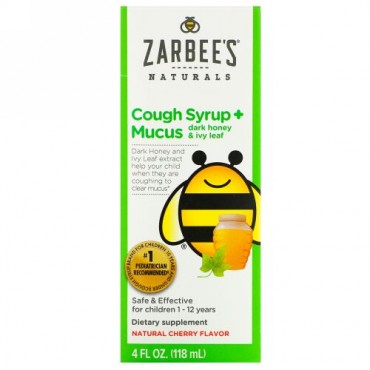 Zarbee's, Children's Cough Syrup + Mucus, Dark Honey & Ivy Leaf,  For Children 12 Months+, Natural Cherry Flavor, 4 fl oz (118 ml)