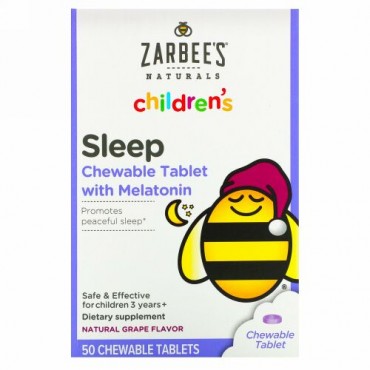 Zarbee's, メラトニン配合子ども用睡眠サプリメント、天然ブドウ味、3歳以上の子ども用、チュアブルタブレット50粒