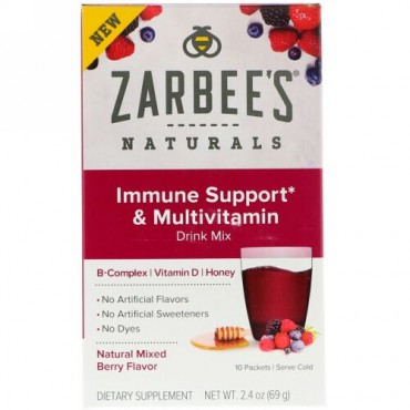 Zarbee's, Immune Support & Multivitamin Drink Mix with B-Complex, Vitamin D, Honey, Natural Mixed Berry Flavor, 10 Packets, 2.4 oz (69 g) (Discontinued Item)