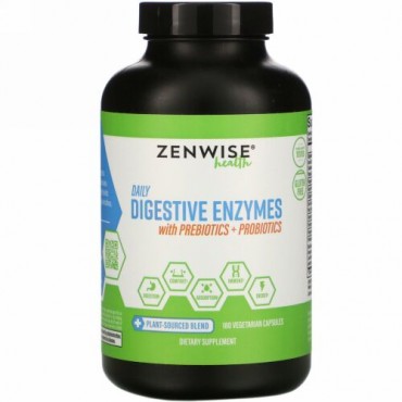 Zenwise Health, プレバイオティクス+プロバイオティクスを含む毎日の消化酵素、ベジタリアンカプセル180錠
