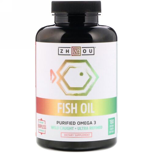 Zhou Nutrition, フィッシュオイル、精製オメガ3、腸溶性ソフトゲル180個