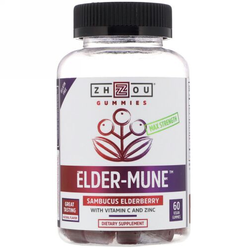 Zhou Nutrition, 最強エルダーミューン、サンブカスエルダーベリー、ビーガングミ60粒