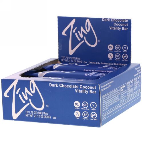 Zing Bars, Vitality Bar, Dark Chocolate Coconut, 12 Bars, 1.76 oz (50 g) Each (Discontinued Item)