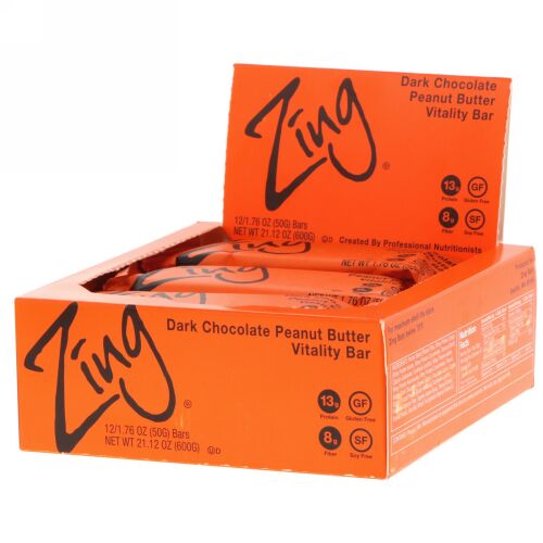 Zing Bars, Vitality Bar, Dark Chocolate Peanut Butter, 12 Bars, 1.76 oz (50 g) Each (Discontinued Item)