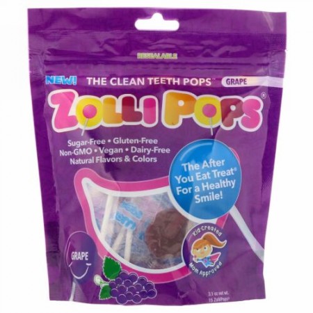 Zollipops, クリーンティースポップス、グレープ、ZolliPops15個、3.1オンス