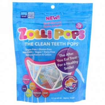Zollipops, クリーンティースポップス、ストロベリー、オレンジ、ラズベリー、チェリー、グレープ、パイナップル、ポップス約15個、3.1オンス